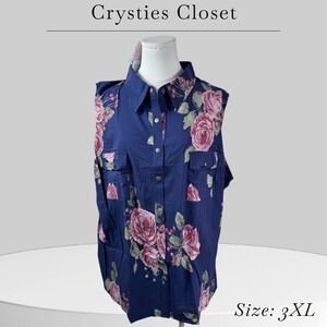 LuLaRoe‎ Roxanne Sleeveless Button Up Shirt Navy Floral Plus Size 3XL